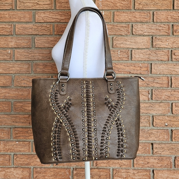 American Bling Conceal Carry Brown Studded Tote Bag - Picture 2 of 14